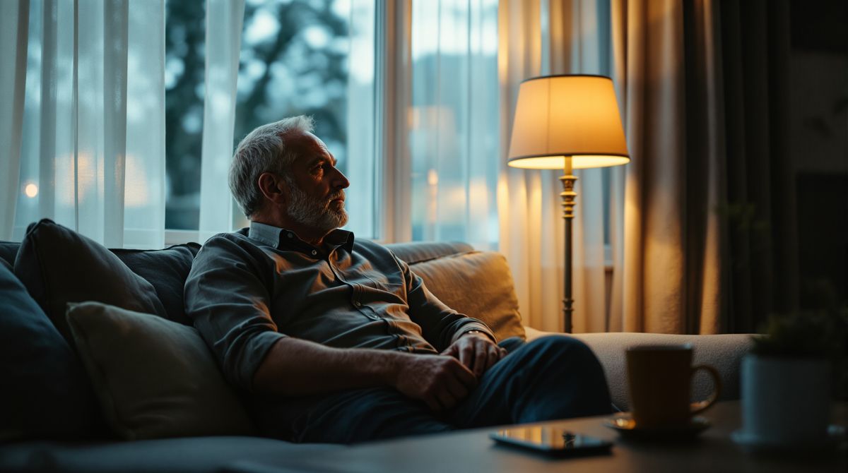 Mann sitzt abends ruhig auf dem Sofa